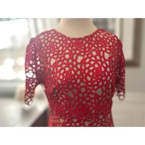 Hot Miami Styles Crochet Lace Sheath Dress Red Floral Cocktail Party Size L